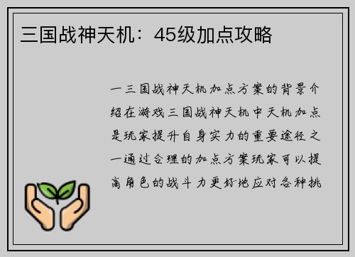 三国战神天机：45级加点攻略