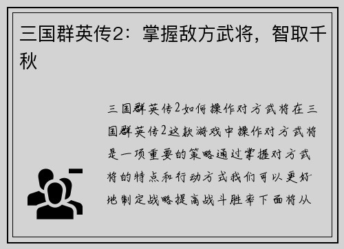三国群英传2：掌握敌方武将，智取千秋